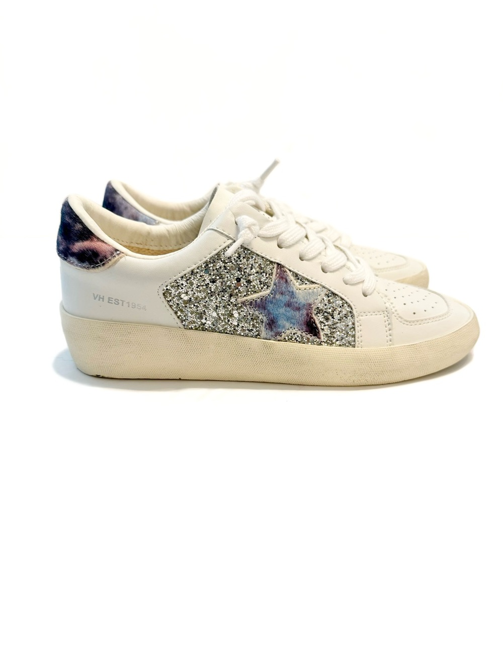 VINTAGE HAVANA White Frosty Glitter Pink Calf Hair Leather Sneakers NWT